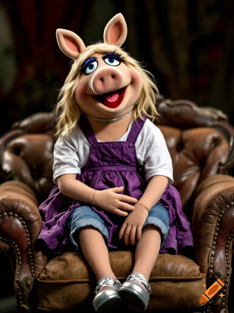 Photorealistic image of Miss Piggy from The Muppets sitting in a chair wearing a white shirt and purple overalls.