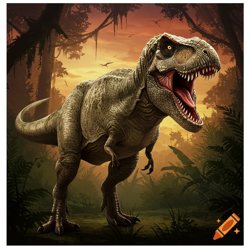 A Tyrannosaurus Rex roaring in a prehistoric jungle at sunset.