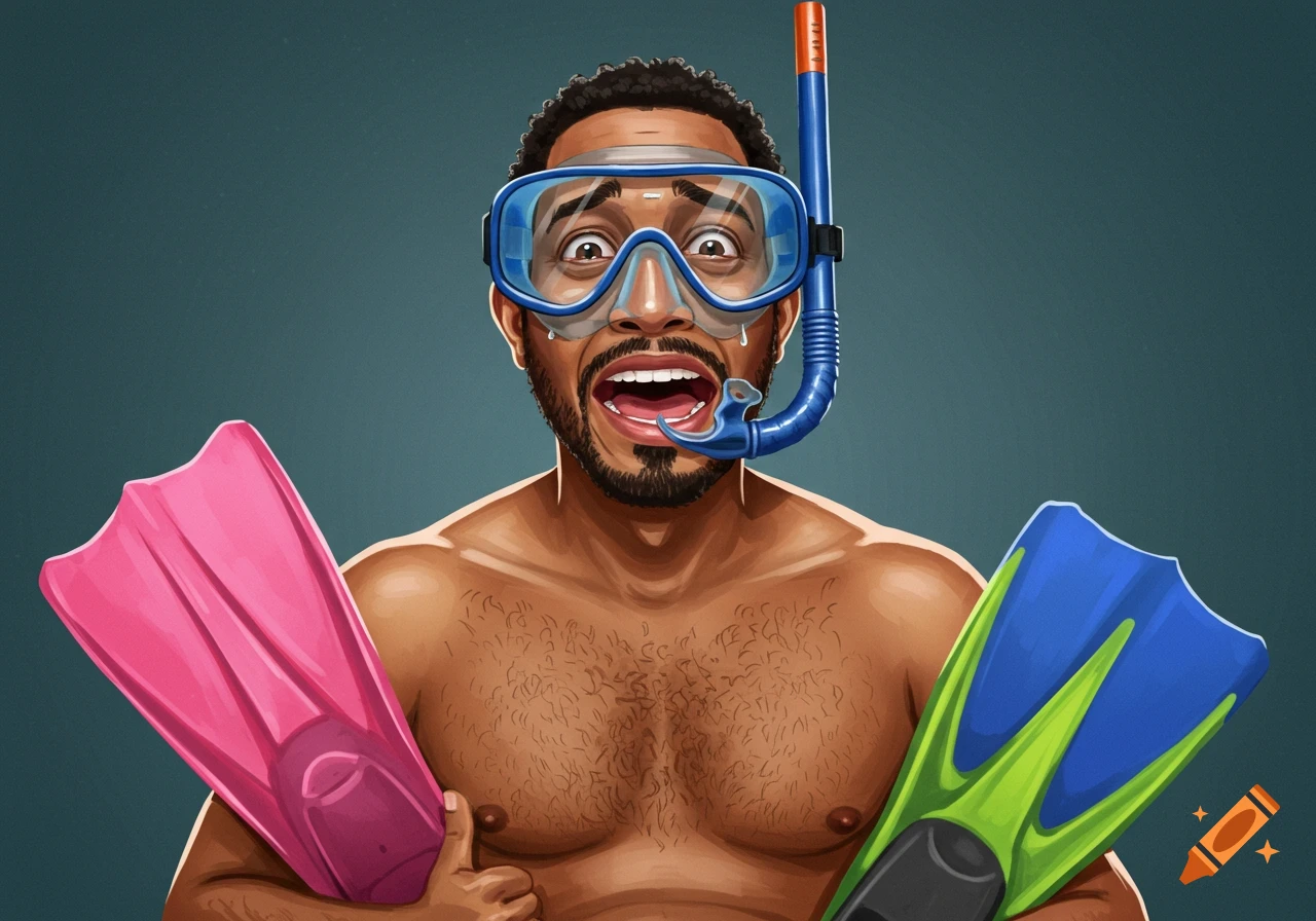 An illustration of a man wearing snorkel gear and holding flippers with a surprised expression.
