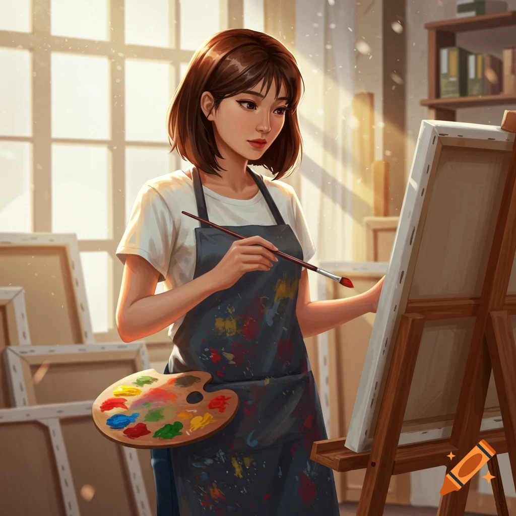 Digital illustration of a woman artist painting on a canvas in a sunlit studio, holding a palette and brush.