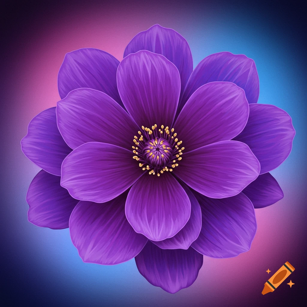 Illustration of a large purple flower with yellow center against a colorful gradient background