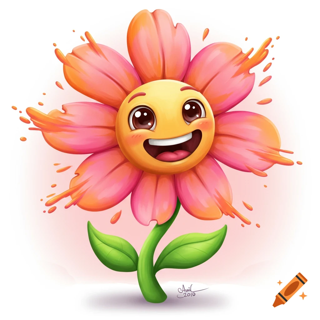 Cartoon illustration of a flower with a happy emoji face.