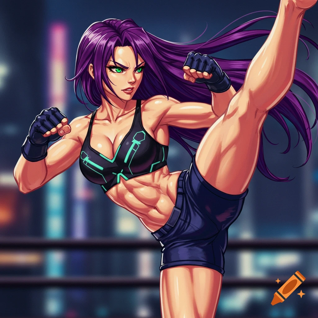 Anime style female fighter with purple hair doing a high kick in a sports bra and shorts