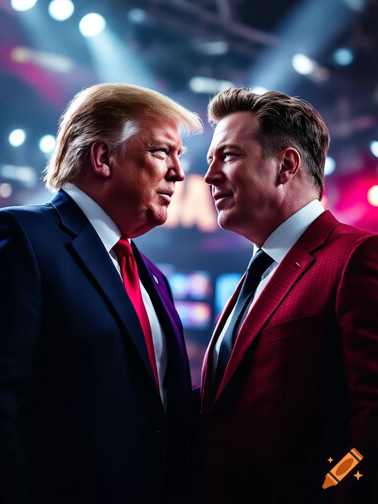 Donald Trump and Elon Musk face off dramatically on a stage like a sports promo poster.