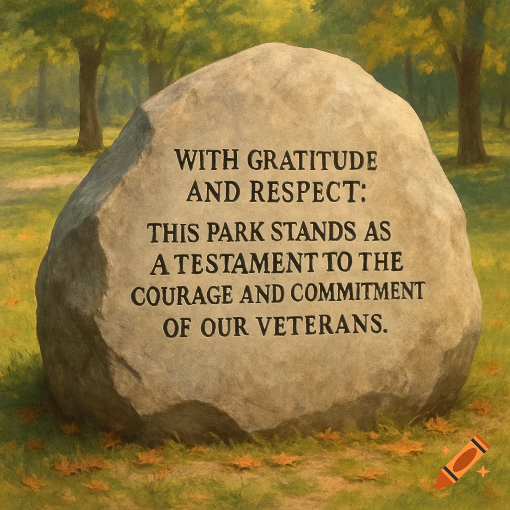 A large stone boulder in a park with an inscription dedicated to veterans.