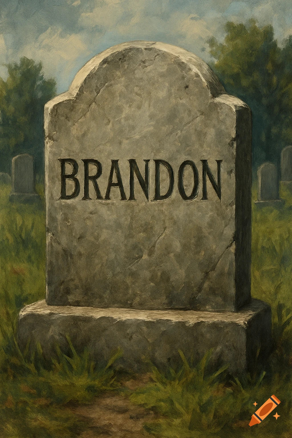 A painting of a tombstone in a cemetery, with 'BRANDON' inscribed on it.
