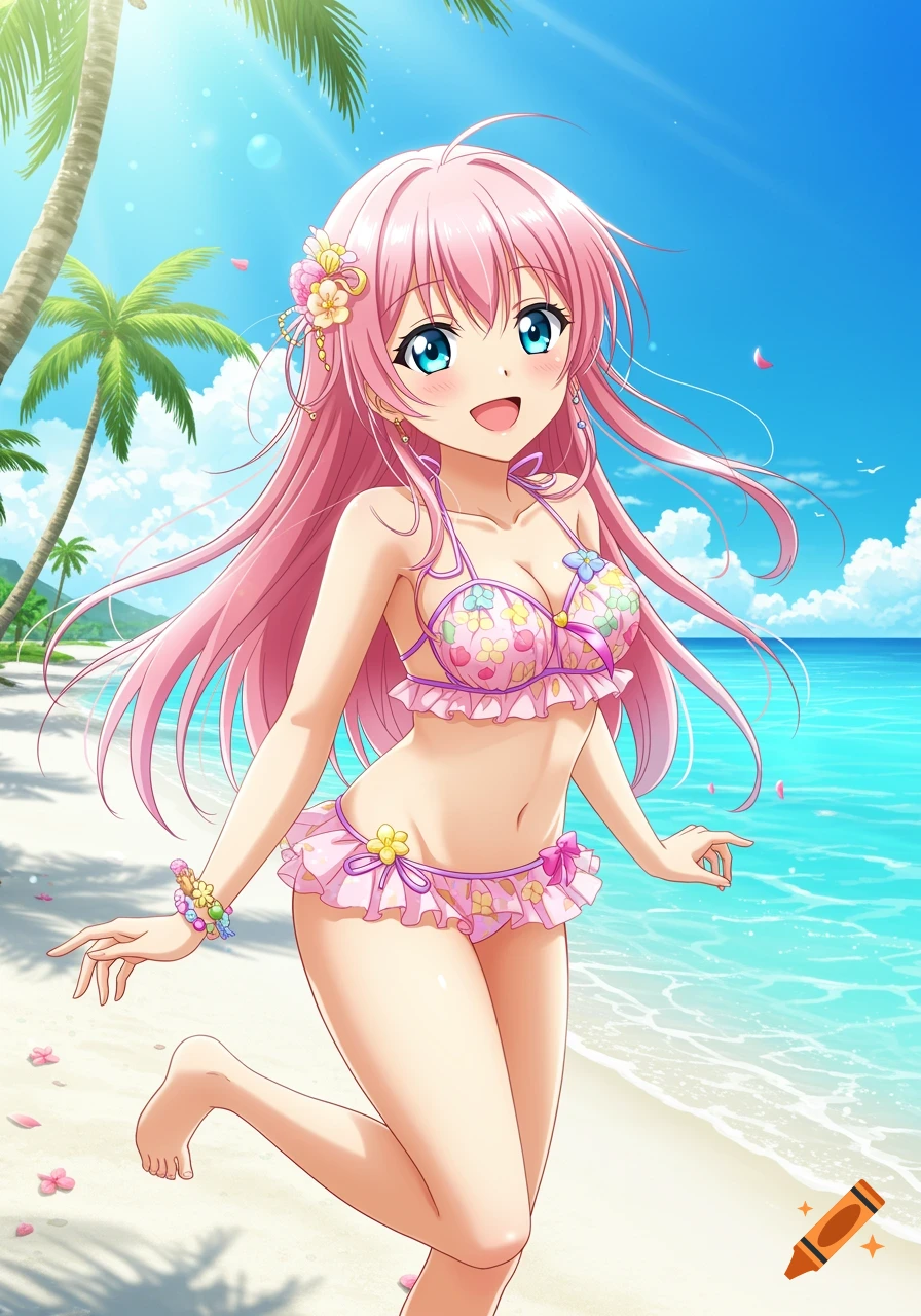 Anime girl in pink bikini smiles on a sunny beach