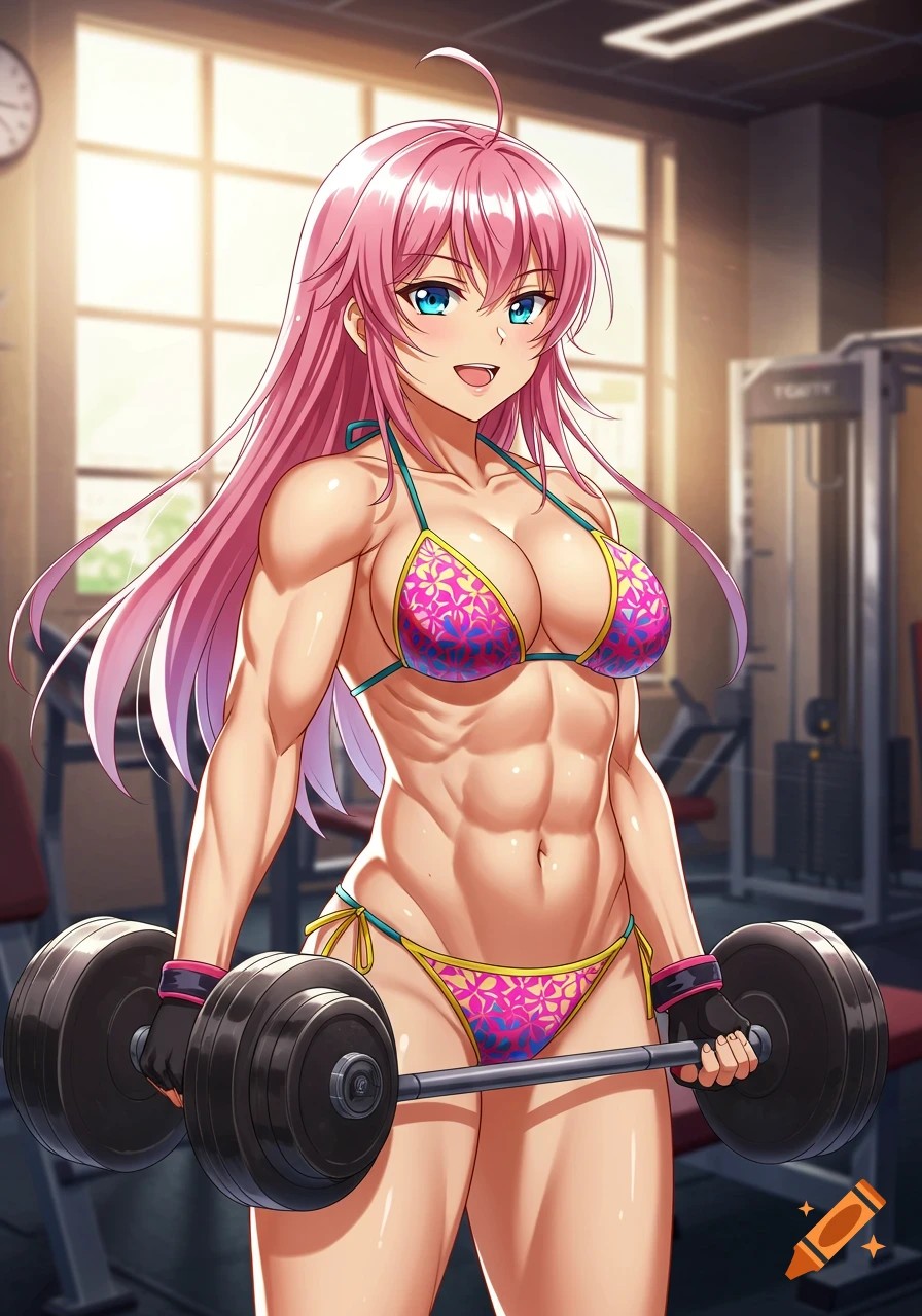 Anime woman with pink hair in a bikini lifting weights in a gym.