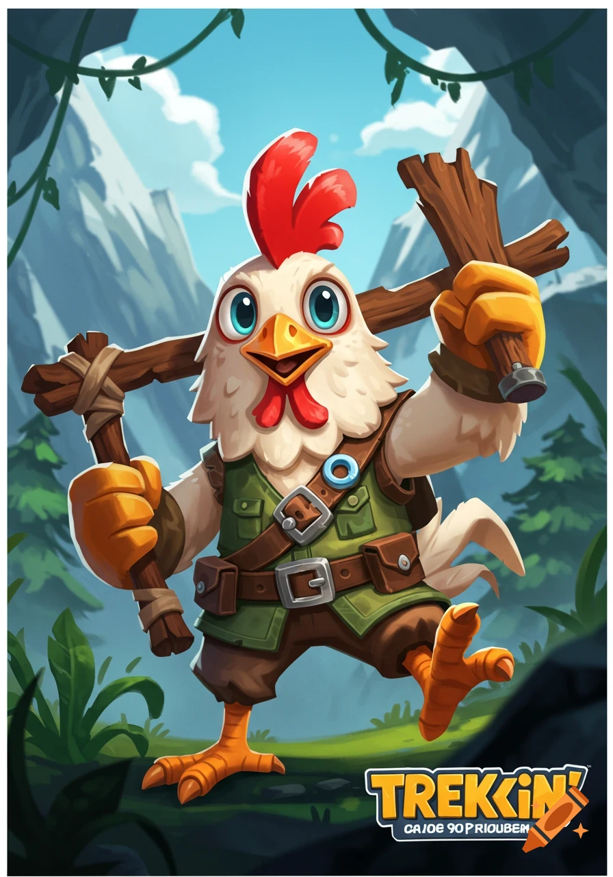 Cartoon chicken adventurer holding sticks in a forest. Text 'TREKKIN' CAJOE 90 PRIOUBEN'.