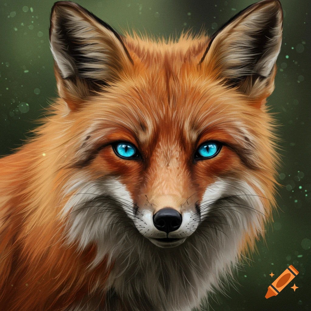 Close-up digital art portrait of a red fox with bright blue eyes.