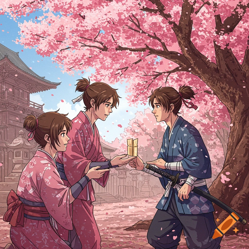 Anime style illustration of three people in traditional Japanese kimonos under a cherry blossom tree near a temple.