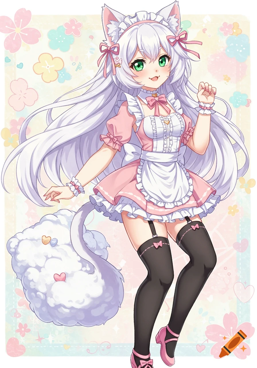 An anime cat girl with white hair and green eyes wearing a pink maid outfit.