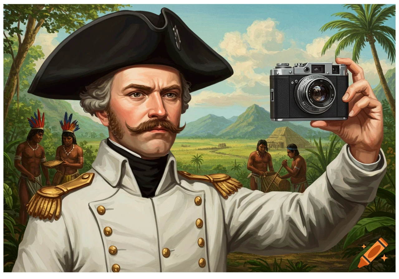 A man in a historical uniform takes a selfie with a vintage camera in a tropical landscape with indigenous people.