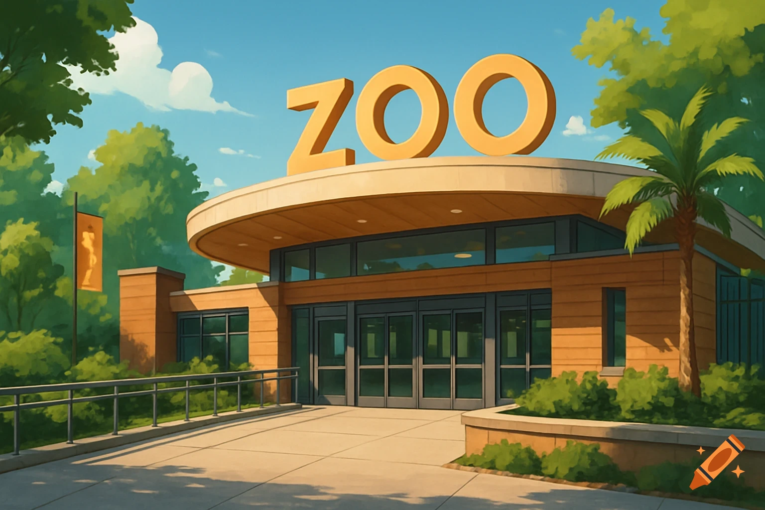 Illustration of a modern zoo entrance building with large ZOO letters on the roof.