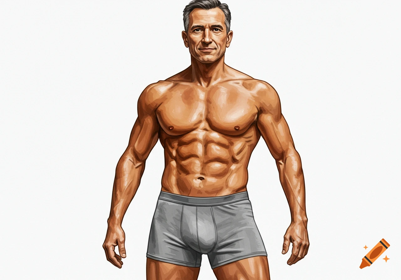 Illustration of a muscular man in grey underwear standing facing forward.