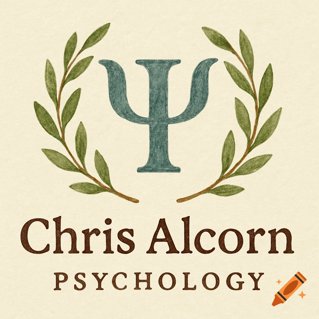 Logo with blue Psi symbol in a green wreath, text reads Chris Alcorn Psychology.