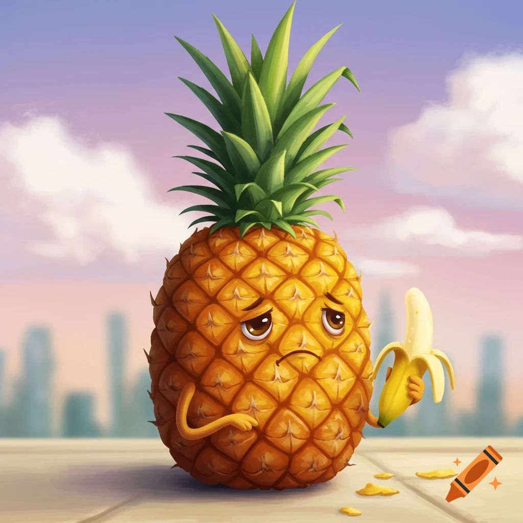 Cartoon sad pineapple eating a peeled banana against a city background.