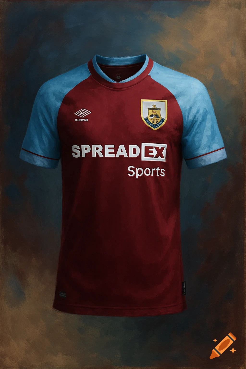 A photo-realistic painting of a red and blue football jersey with sponsors.
