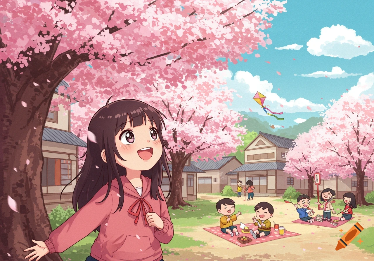 Cartoon of a girl smiling up at pink cherry blossoms, with children picnicking and a kite flying in the background.