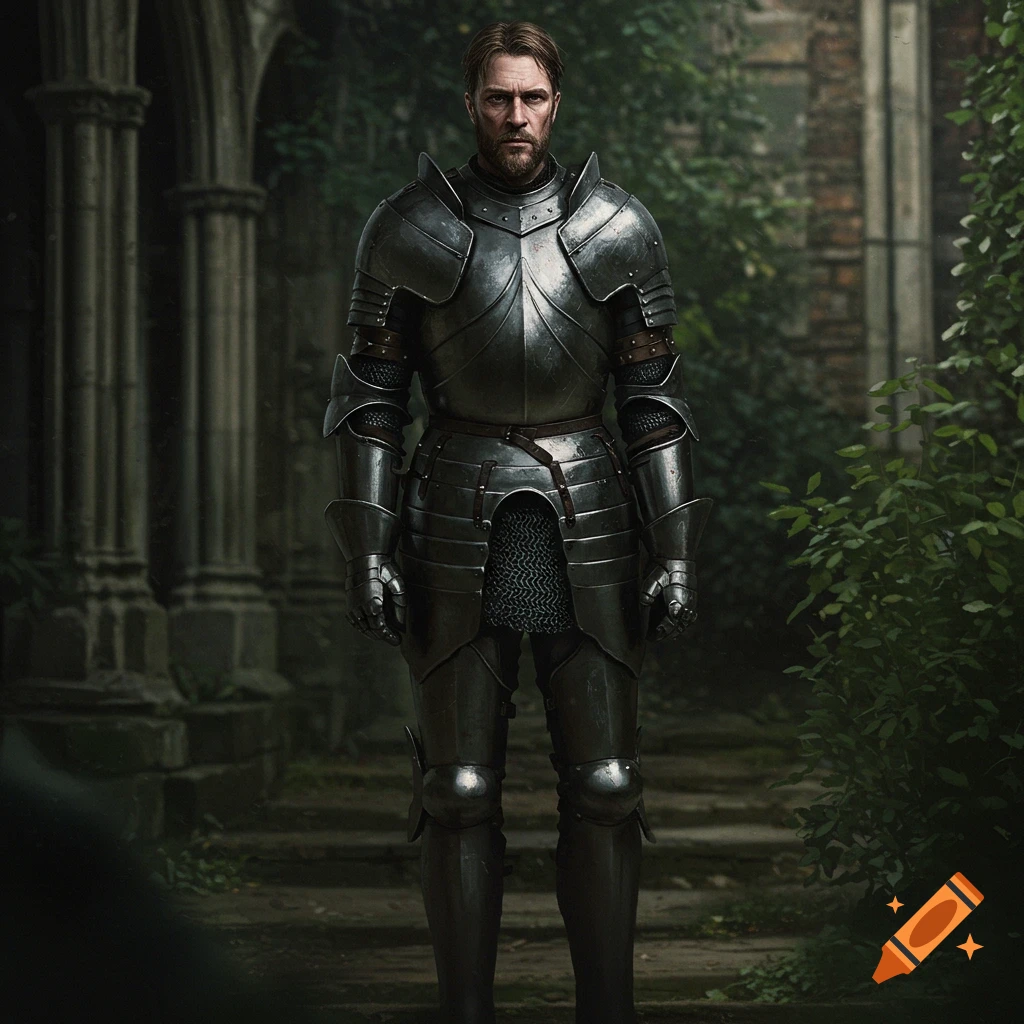 A knight in full armor stands in overgrown ruins.