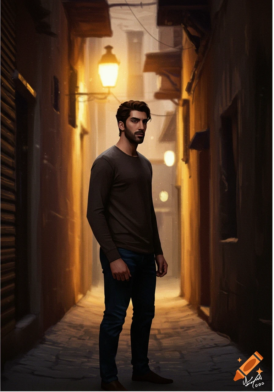 A man stands in a dimly lit alley under a street lamp.