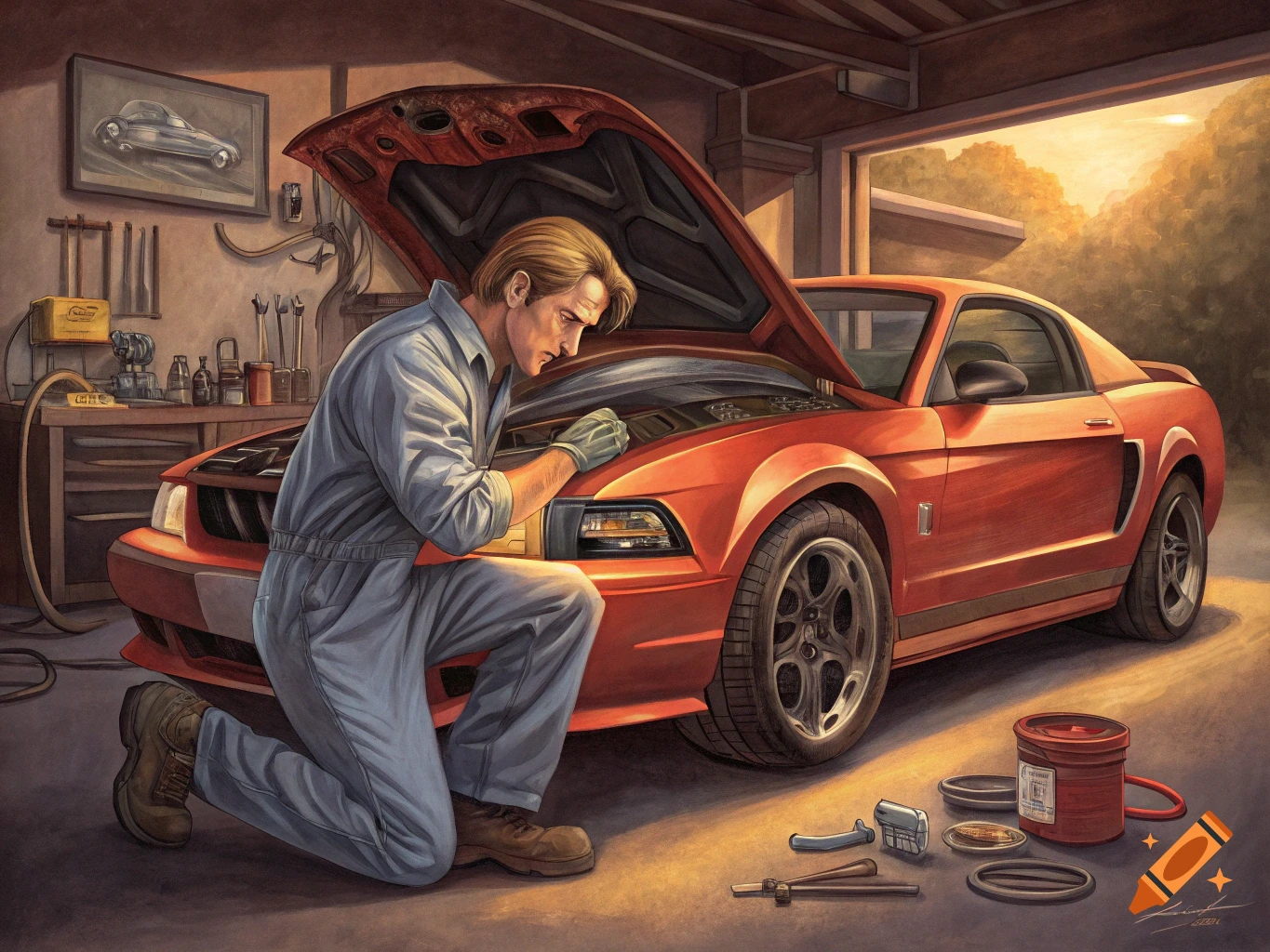 A man in coveralls works on the engine of an orange Mustang in a garage, painted in a renaissance style.