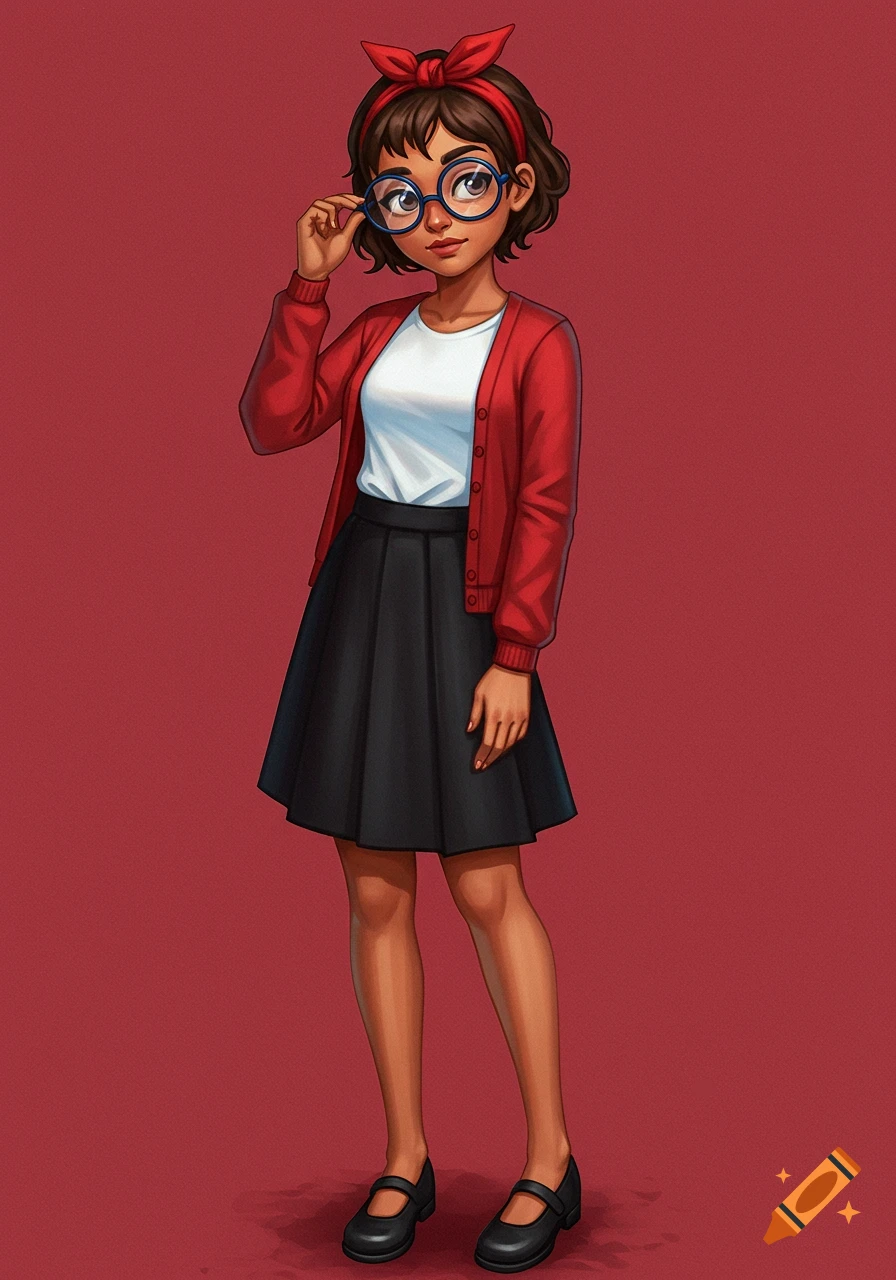 A stylized illustration of a girl with short brown hair, glasses, red ...