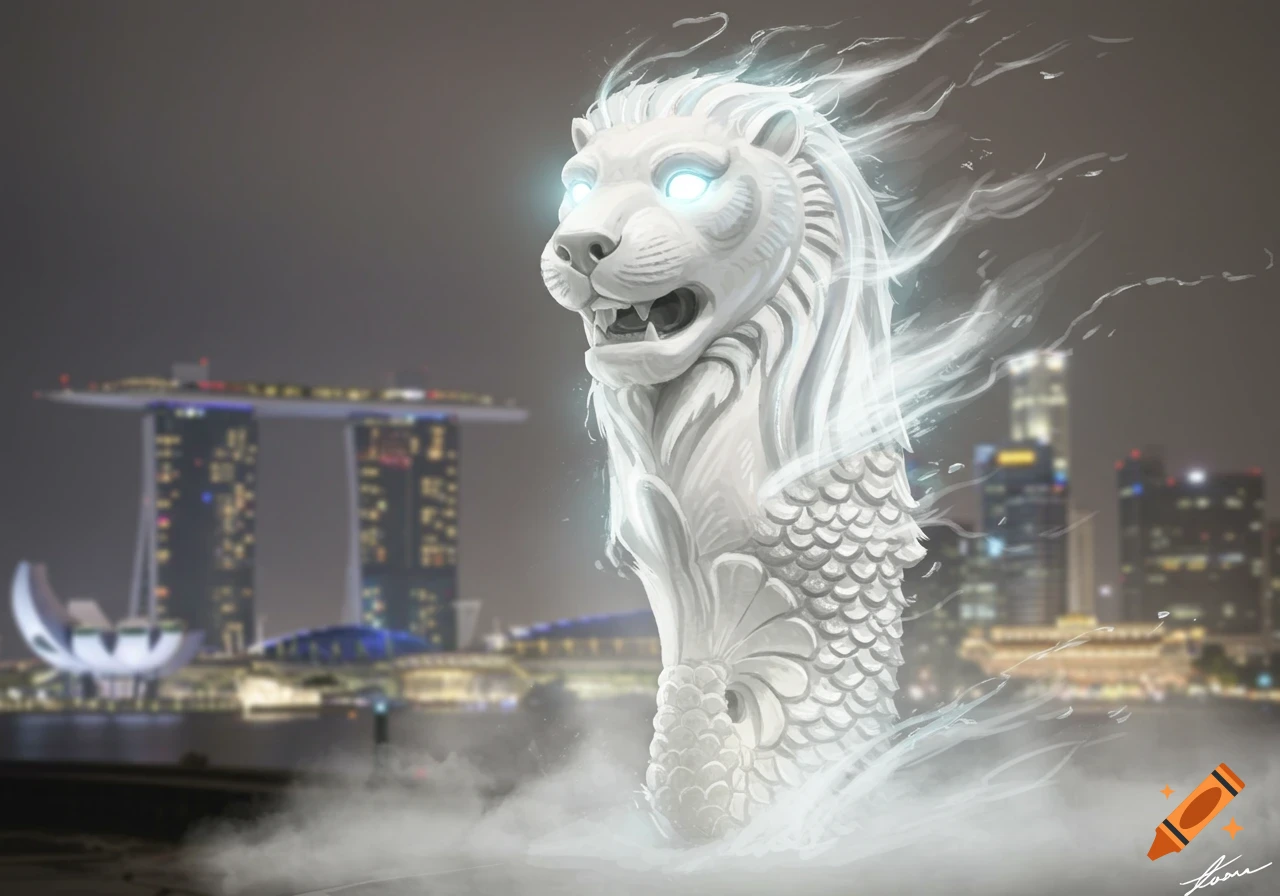 A ghostly, glowing white Merlion statue stands before the blurred Singapore skyline at night.