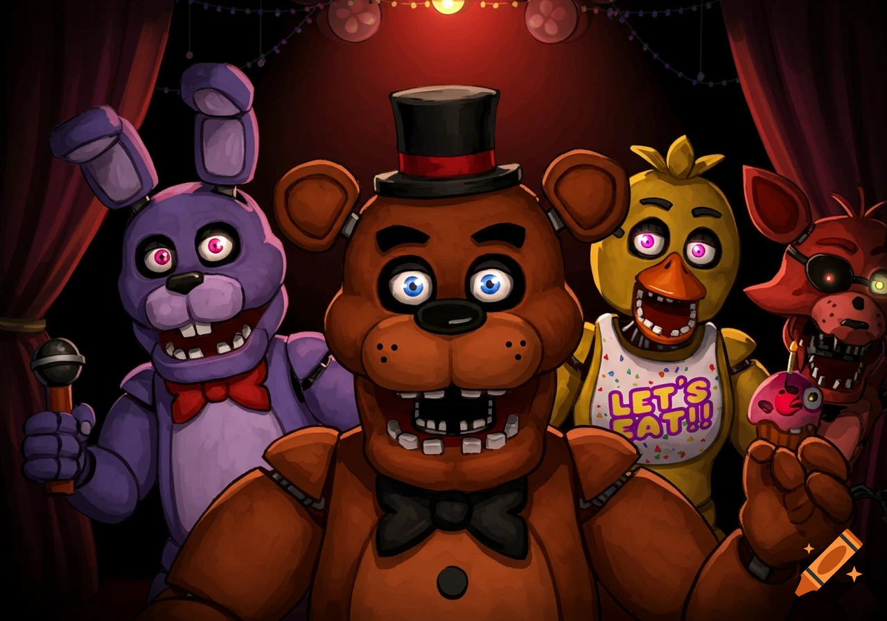 Illustration of the Five Nights at Freddy's animatronics, Freddy, Bonnie, Chica, and Foxy, on a stage.