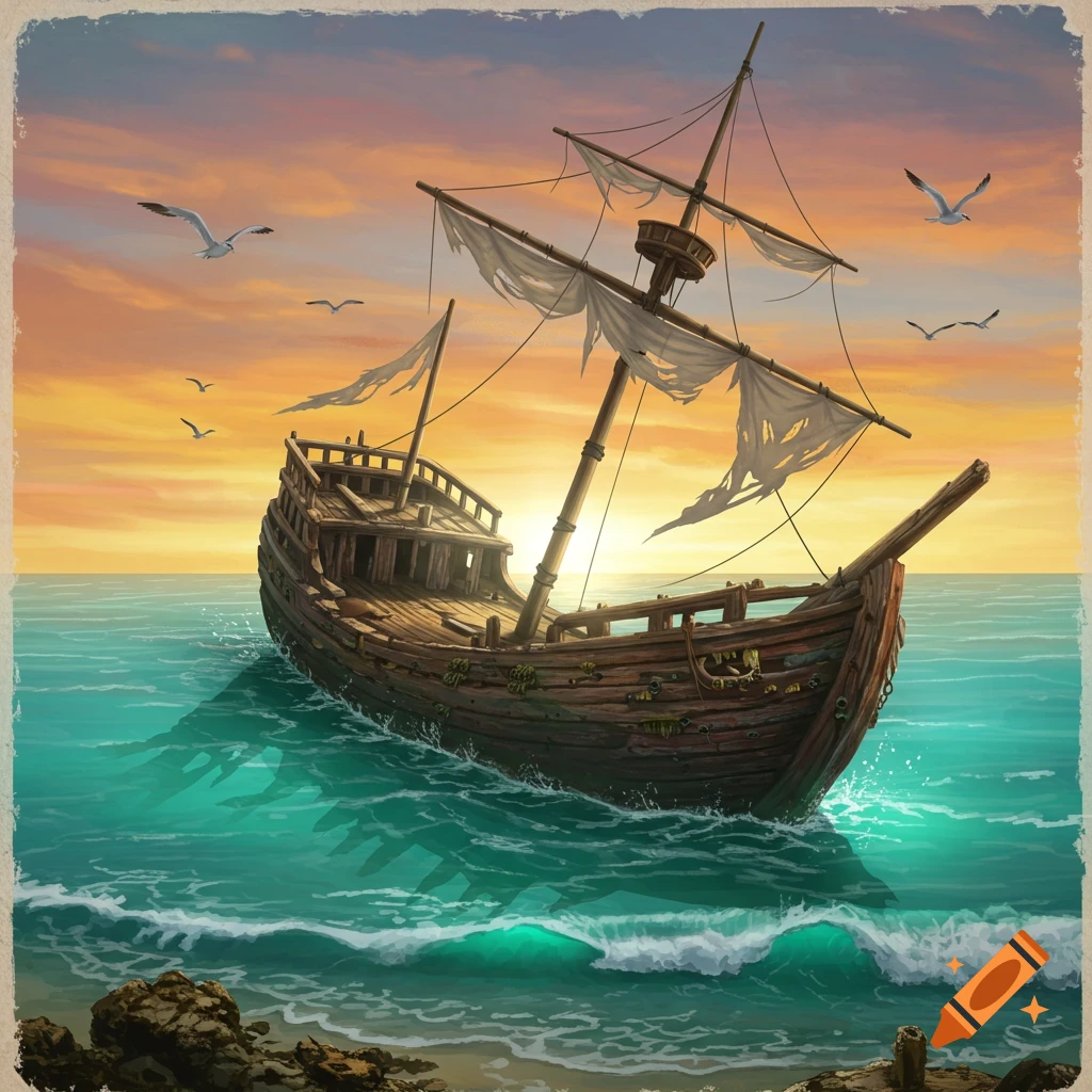 Illustration of a shipwreck on the ocean under a colorful sunset sky with seagulls.