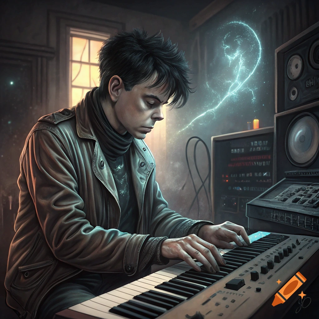 A man plays a synthesizer in a dimly lit studio with electronic equipment and glowing effects.