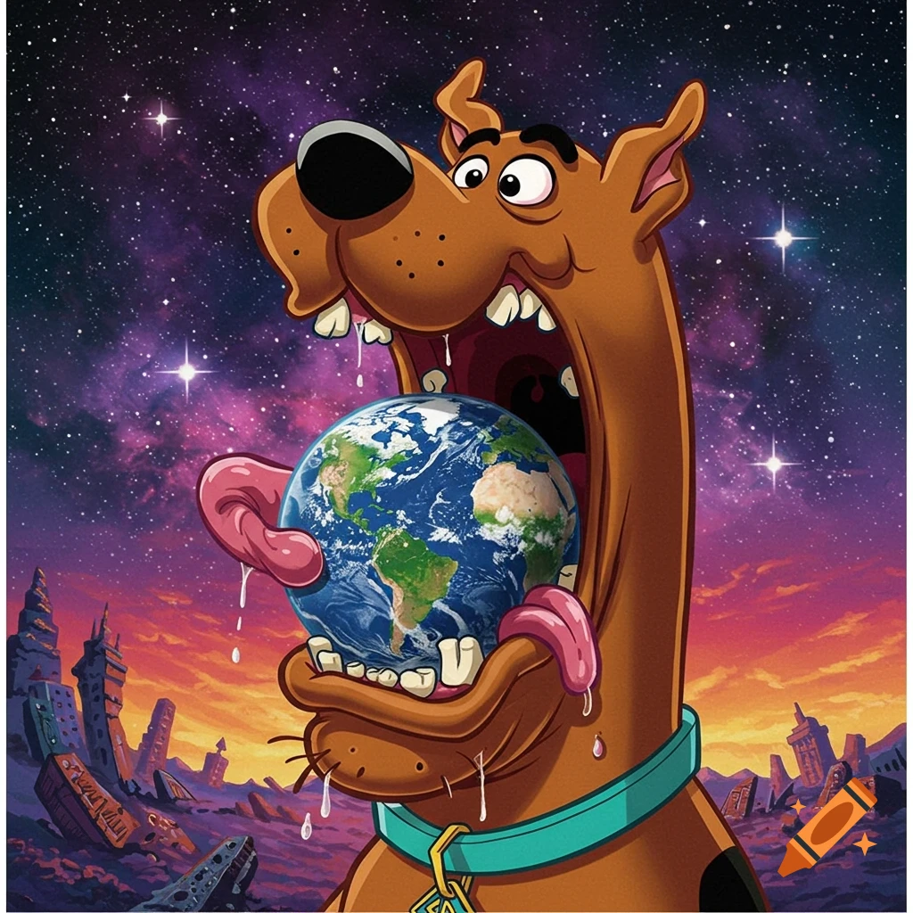 Scooby Doo licking the Earth in space above a ruined city.