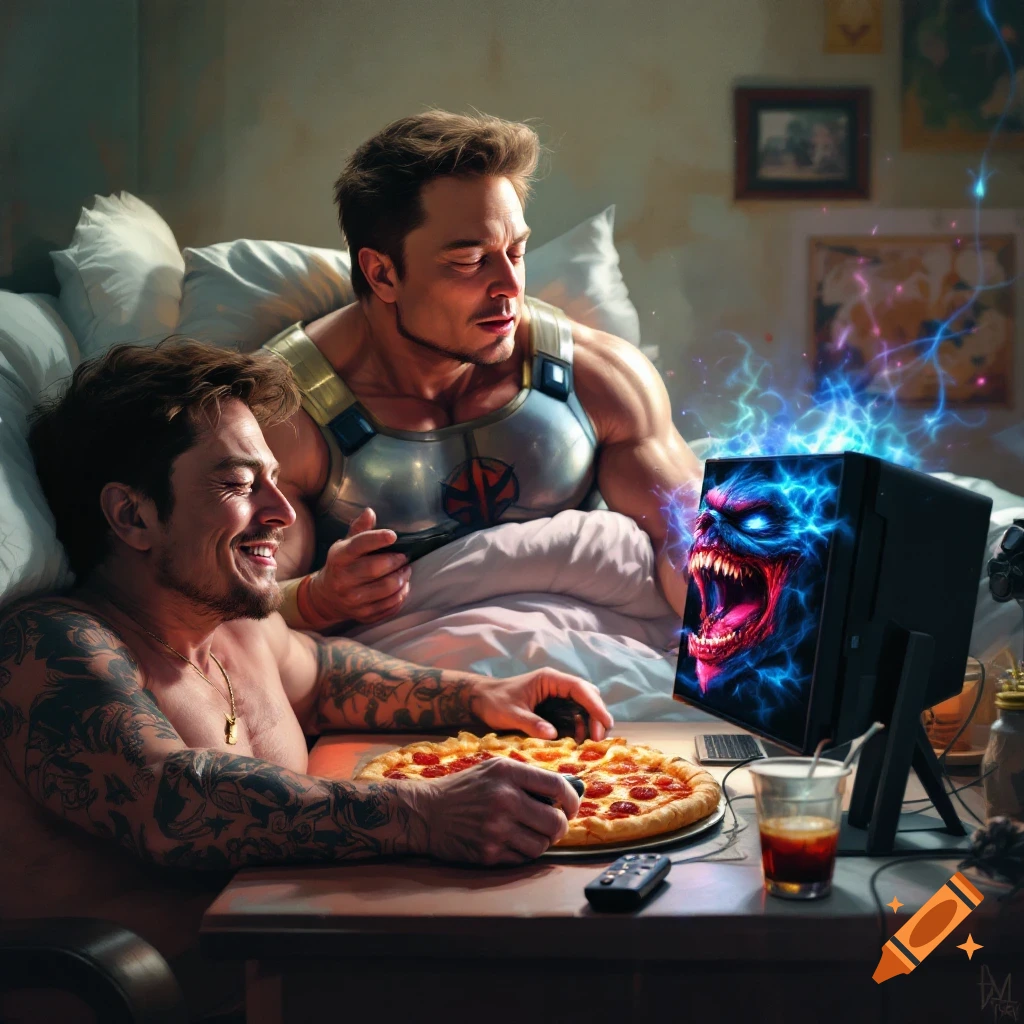 Two shirtless men, one in He-Man armor, playing a video game in bed with pizza and drinks.
