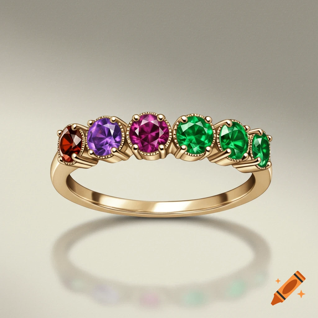 Gold ring band with five colorful gemstones: red, purple, magenta, green, and dark green.