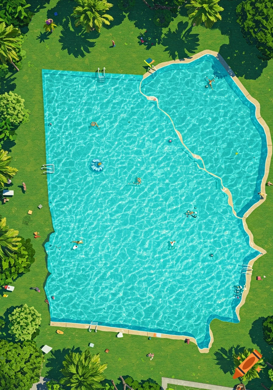 Aerial view of a swimming pool shaped like a distorted state, surrounded by grass and trees, with people swimming.