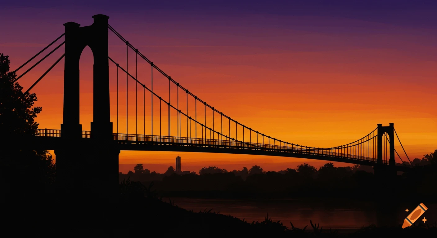 Silhouette of a suspension bridge against a vibrant orange and purple ...