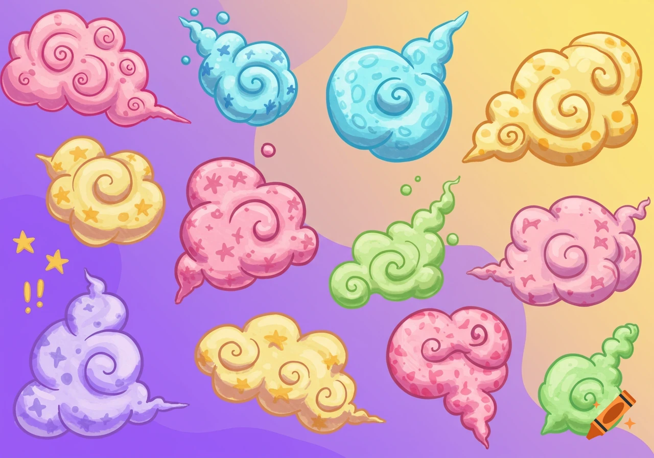 Colorful stylized clouds and smoke shapes on a gradient background.