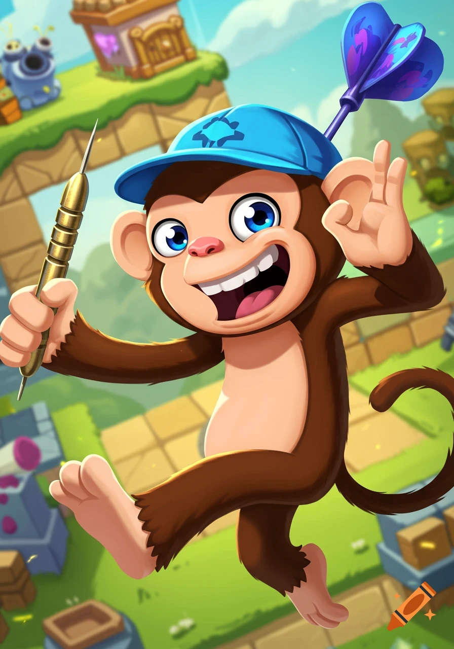 Cartoon monkey in a blue cap holding a dart and giving an ok sign in a game-like setting.