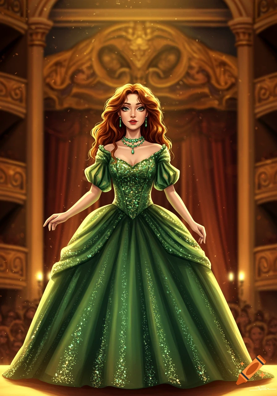 A woman with red hair in a sparkling green ball gown stands on a stage in an ornate opera house.
