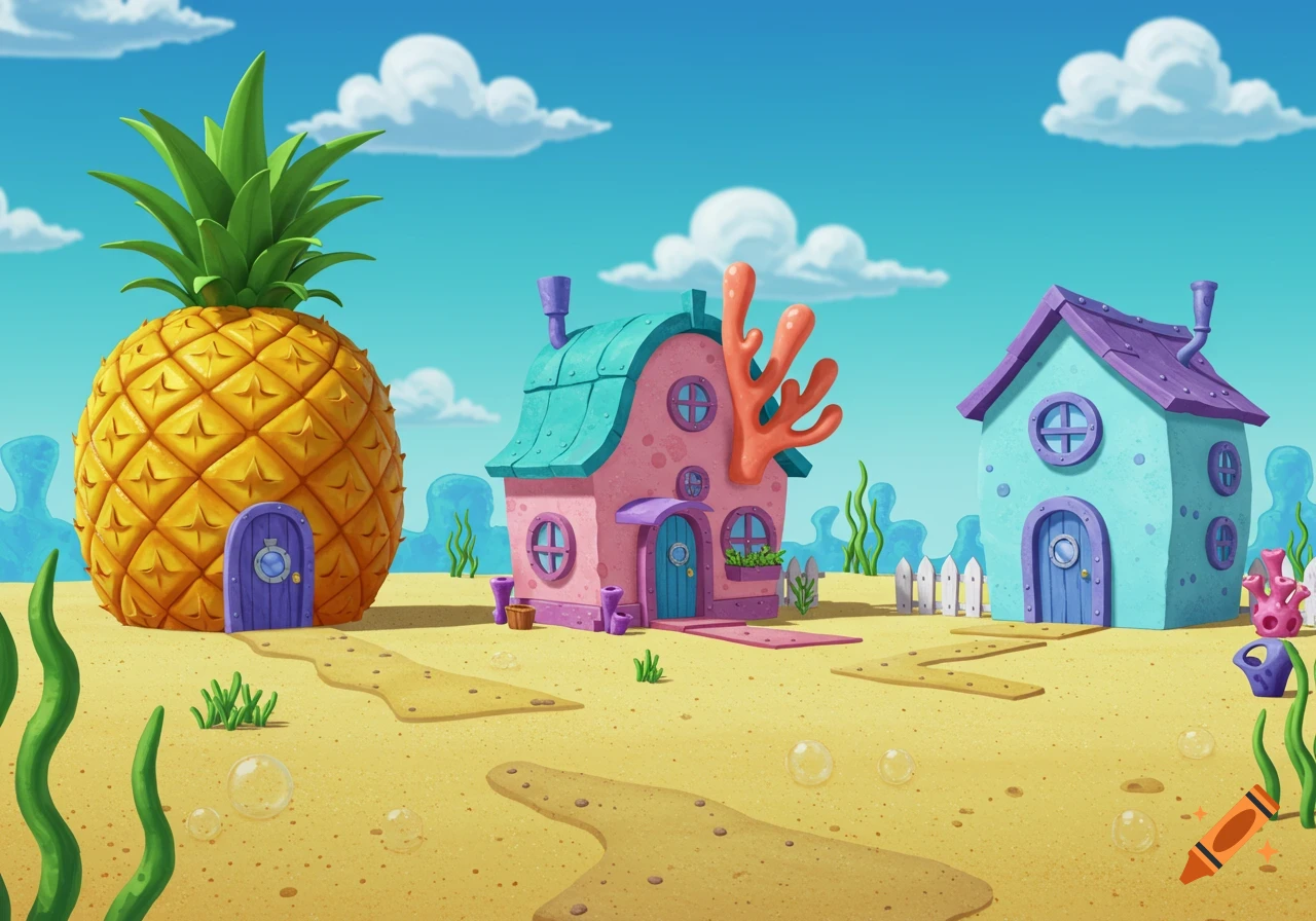 Cartoon neighborhood scene with a pineapple house, a pink house, and a blue house on the sandy seafloor.