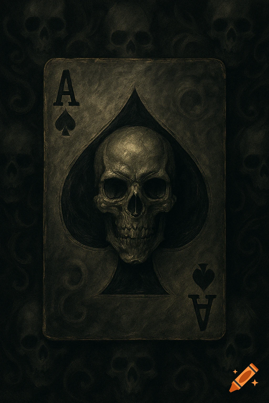 Dark, textured Ace of Spades card with a realistic skull centered on it, against a dark background with skull patterns.