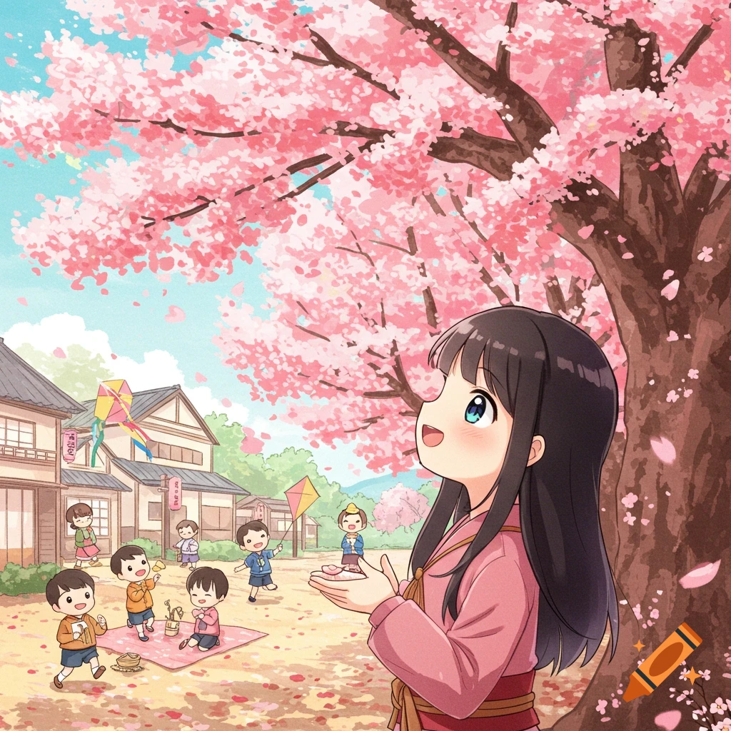Anime girl looking up at falling cherry blossoms in a village scene with playing children