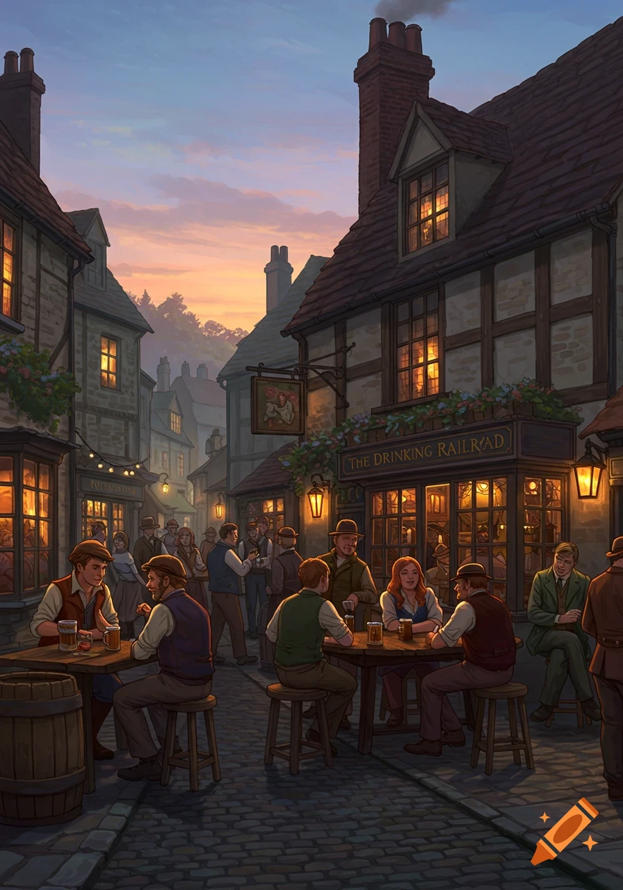 An illustrated street scene at dusk outside 'The Drinking Railroad' pub, with people socializing at tables.