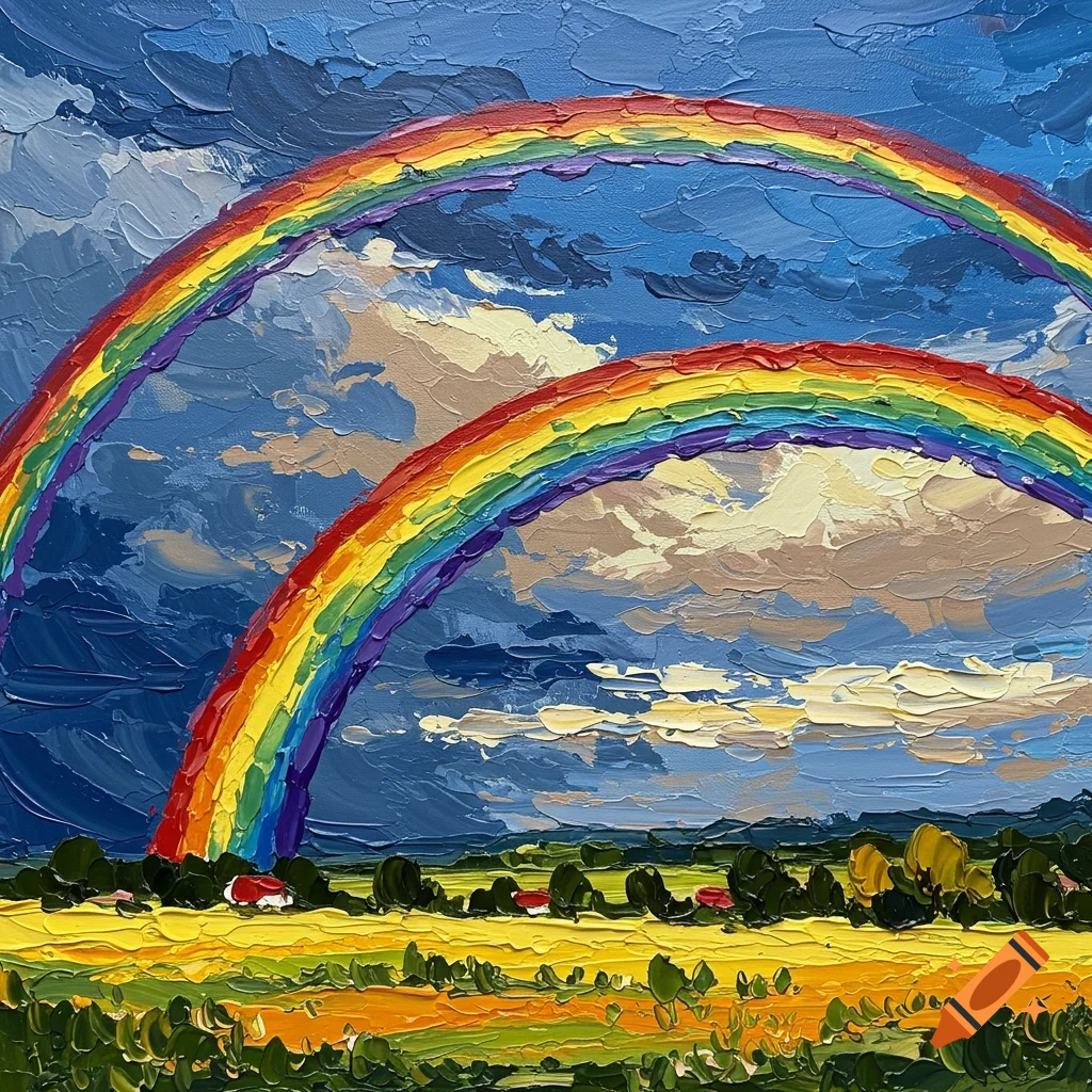 Vibrant impasto painting of two rainbows over a field with small red-roofed houses and trees.
