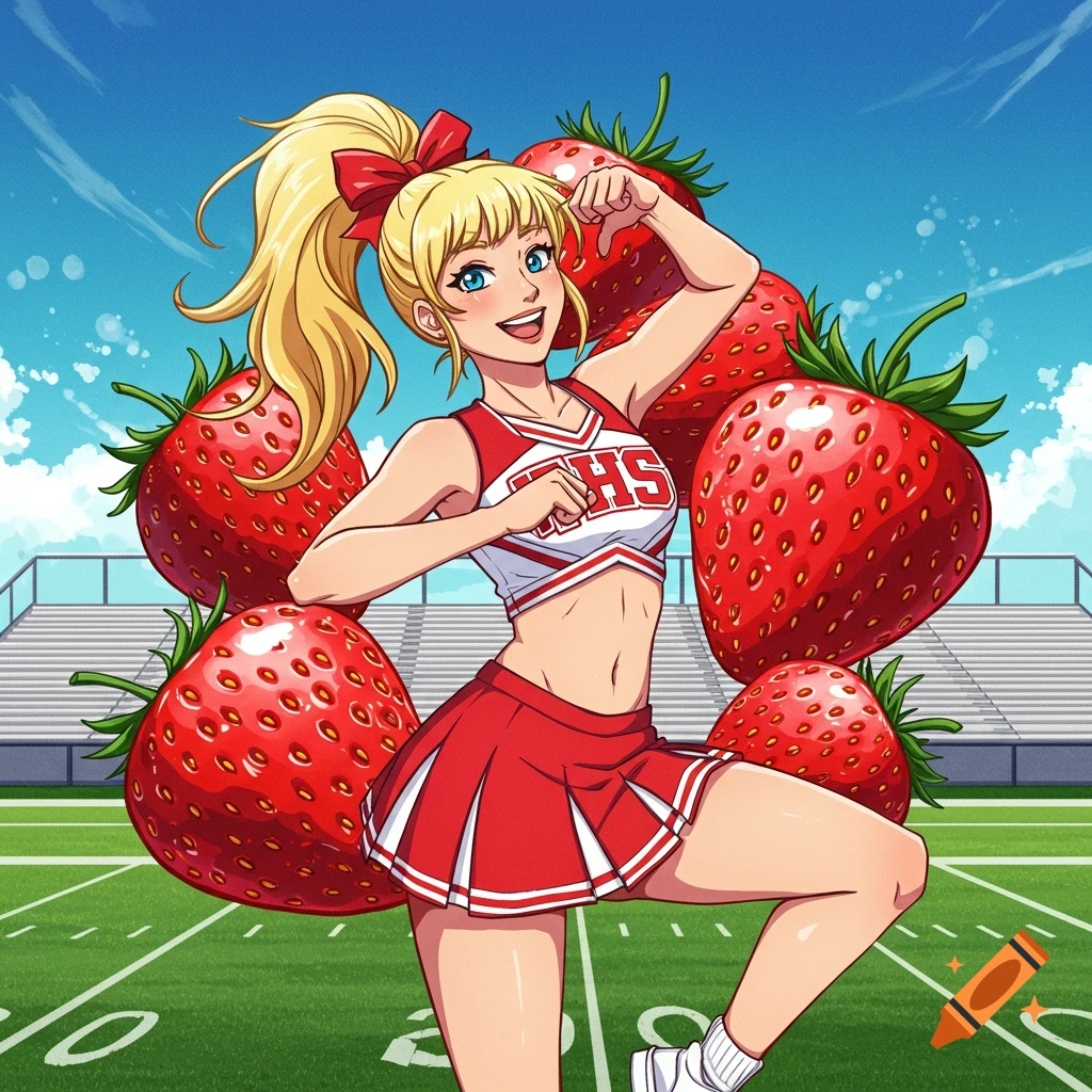 Anime cheerleader in red uniform on football field with giant strawberries cheering