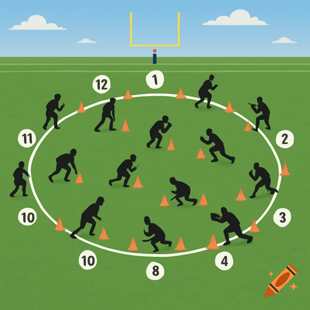 Diagram of a circular American football training drill with players, cones, and numbered stations on a field.