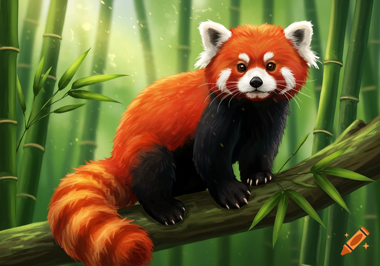 Illustration of a red panda sitting on a branch in a bamboo forest.
