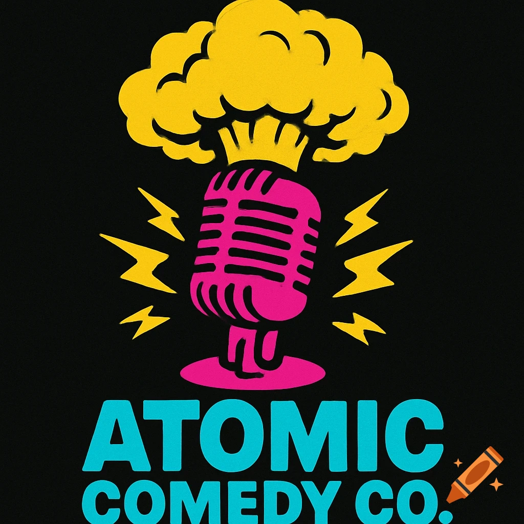 Logo for Atomic Comedy Co. with a pink microphone below a yellow mushroom cloud and lightning bolts, on a black background.