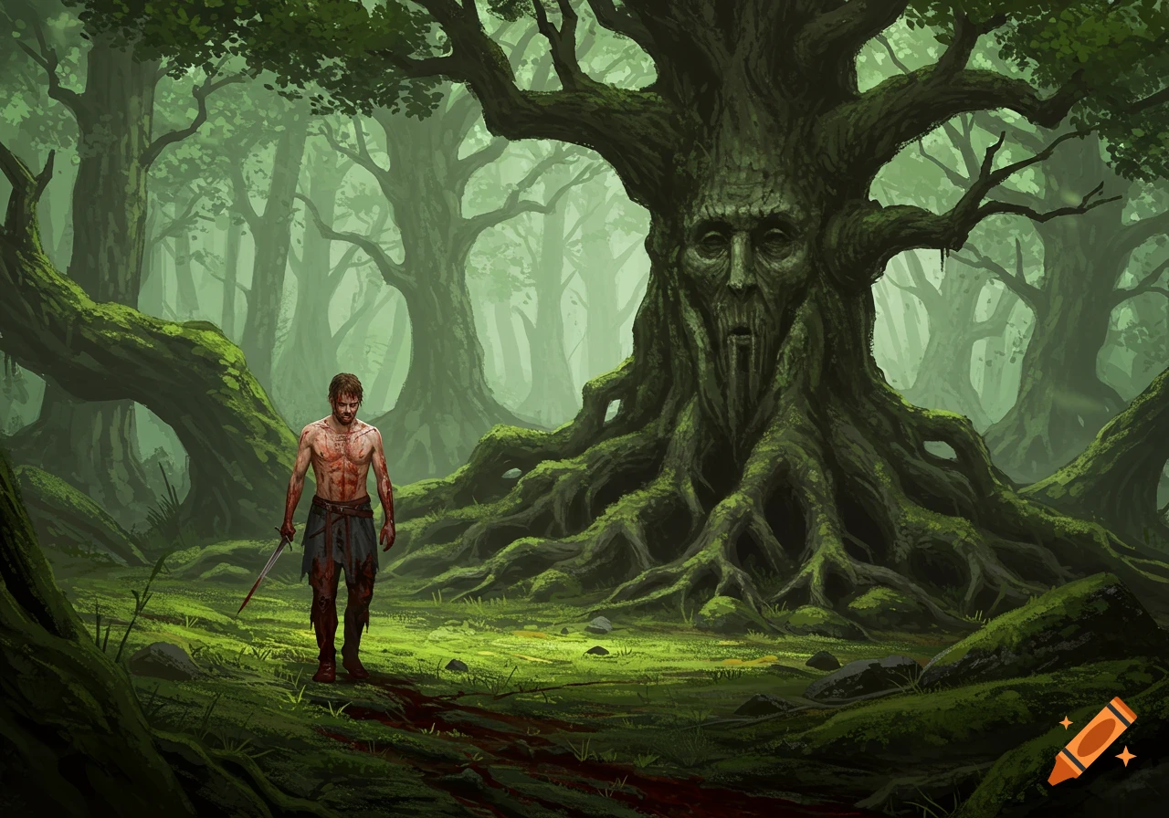 A wounded knight walks through a dark fantasy forest towards a giant tree with a face.