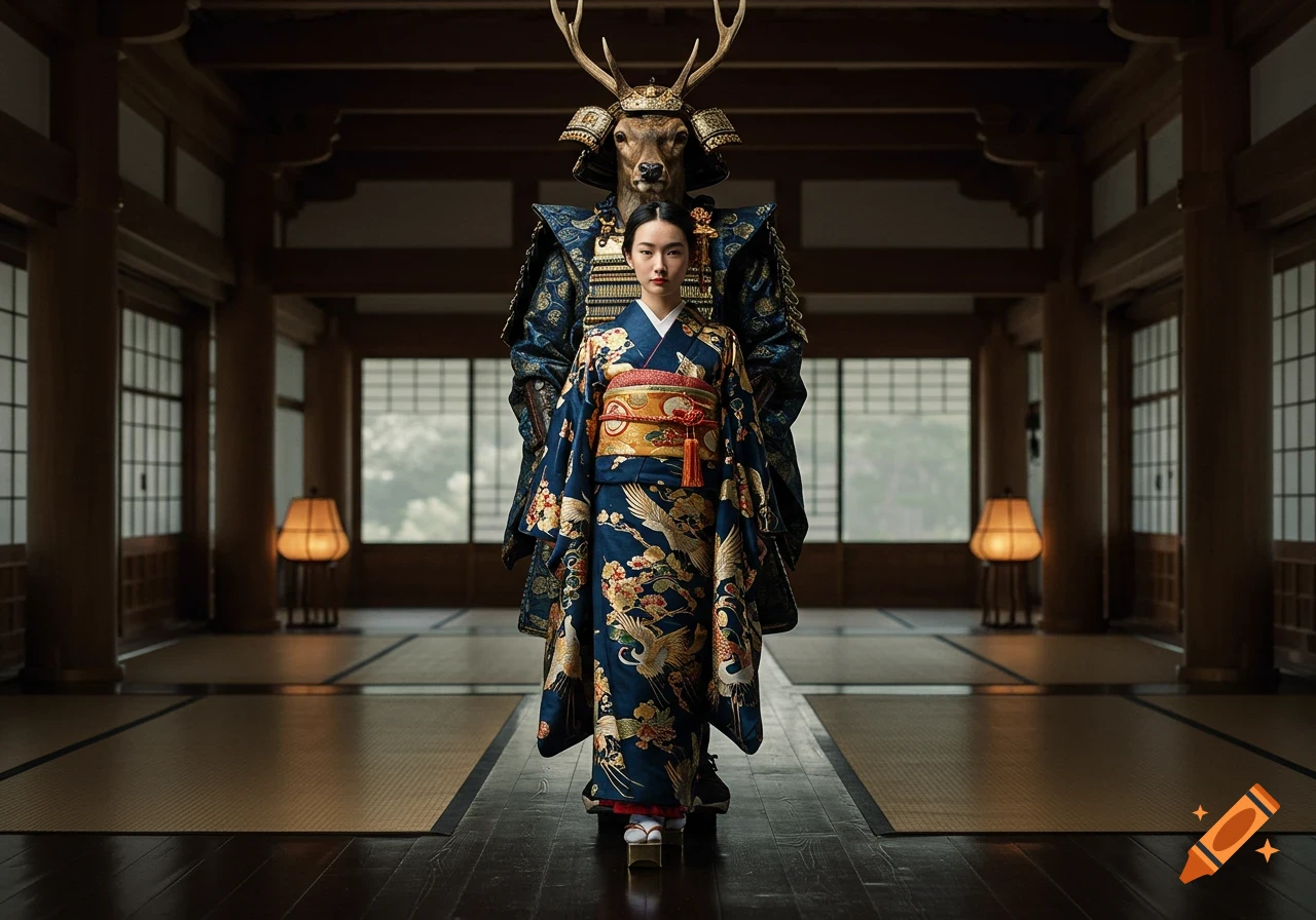 A woman in a blue kimono stands in a Japanese building in front of a tall figure in samurai armor with a deer head.